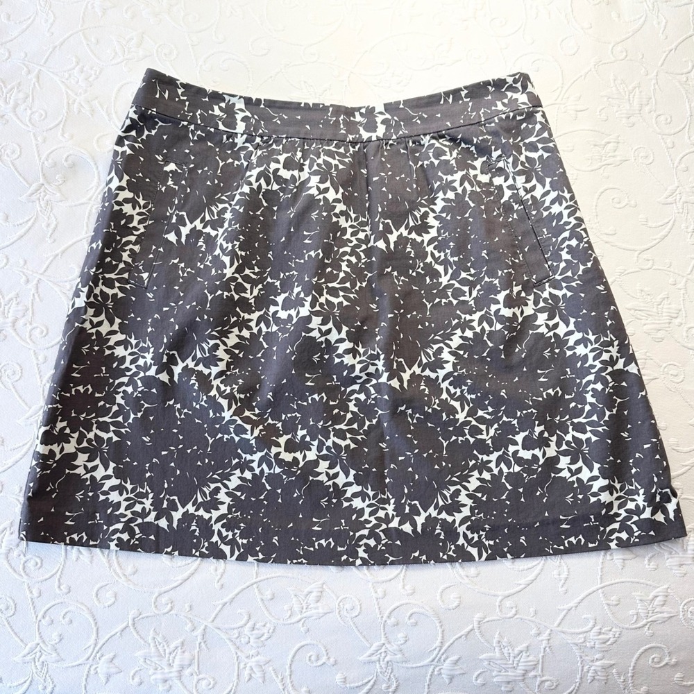 Boden‎ Abigail Leaf Grey White Floral A-Line Skirt Side Pockets Cotton US 10R